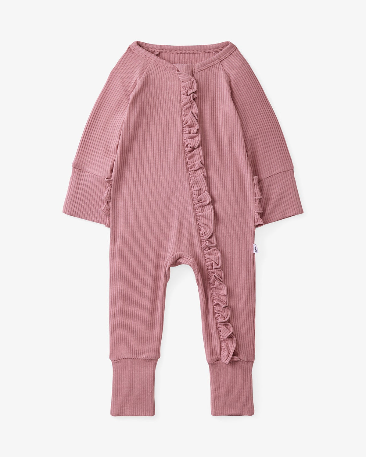Everyday Ribbed Ruffle Zip Sleepsuit — Rosewood — product view