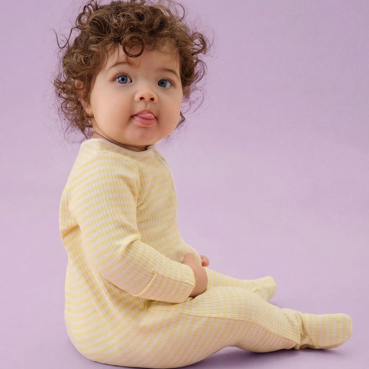 Yellow Stripe Ribbed Zip Sleepsuit on a baby